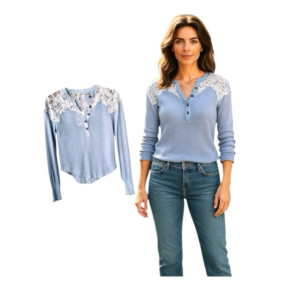 Free People Easy Breeze Appliqué Lace Henley Top - Picture 13 of 16